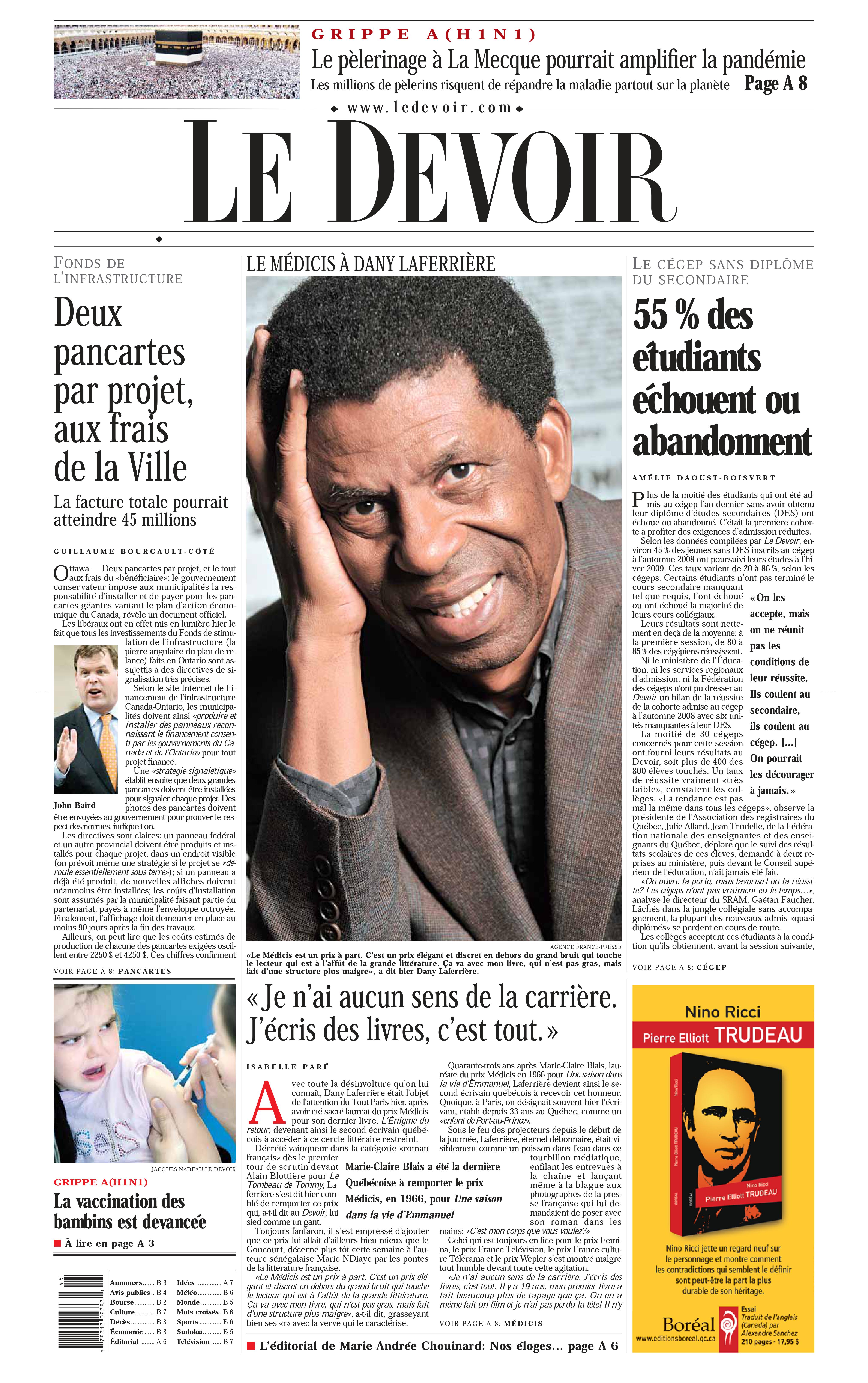 Frontpage Le Devoir 5 nov 2009